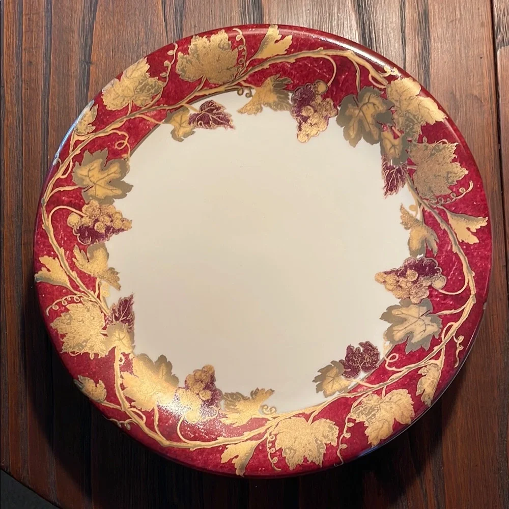 Crate&Barrel Red and Gold Floral Dinner Plate